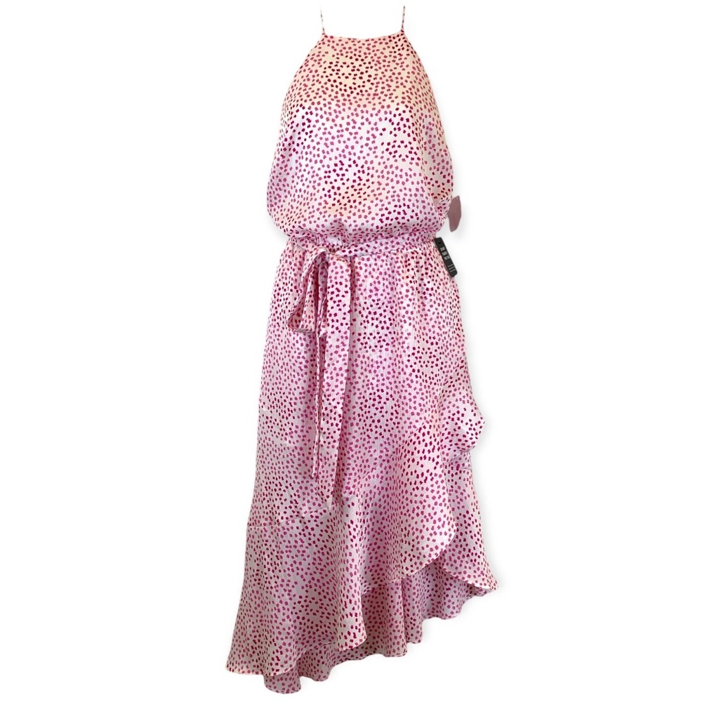 NWT Express Women’s Asymmetrical Pink Dot Ruffle Halter Dress Size S